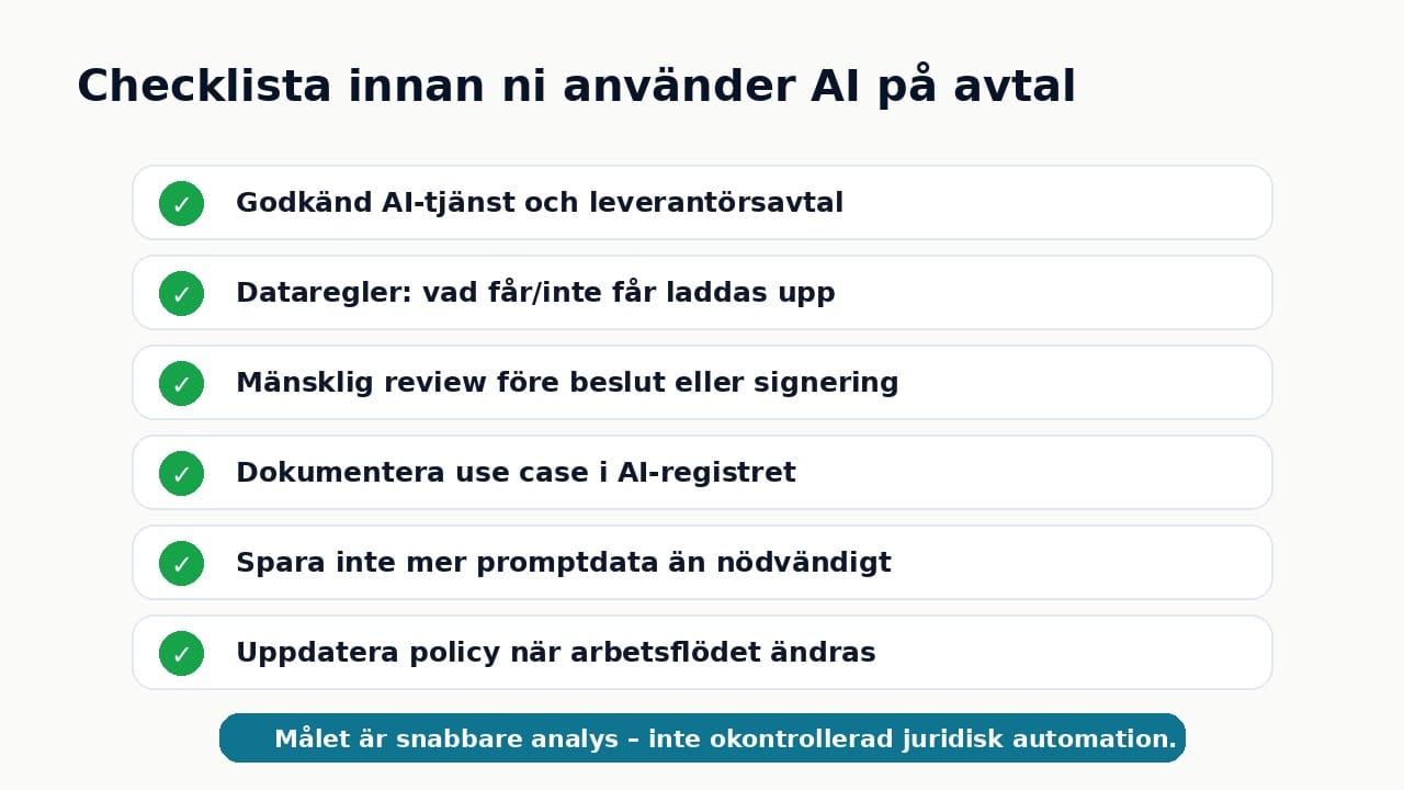 Checklista för företag innan de använder AI för att granska avtal och kontrakt.