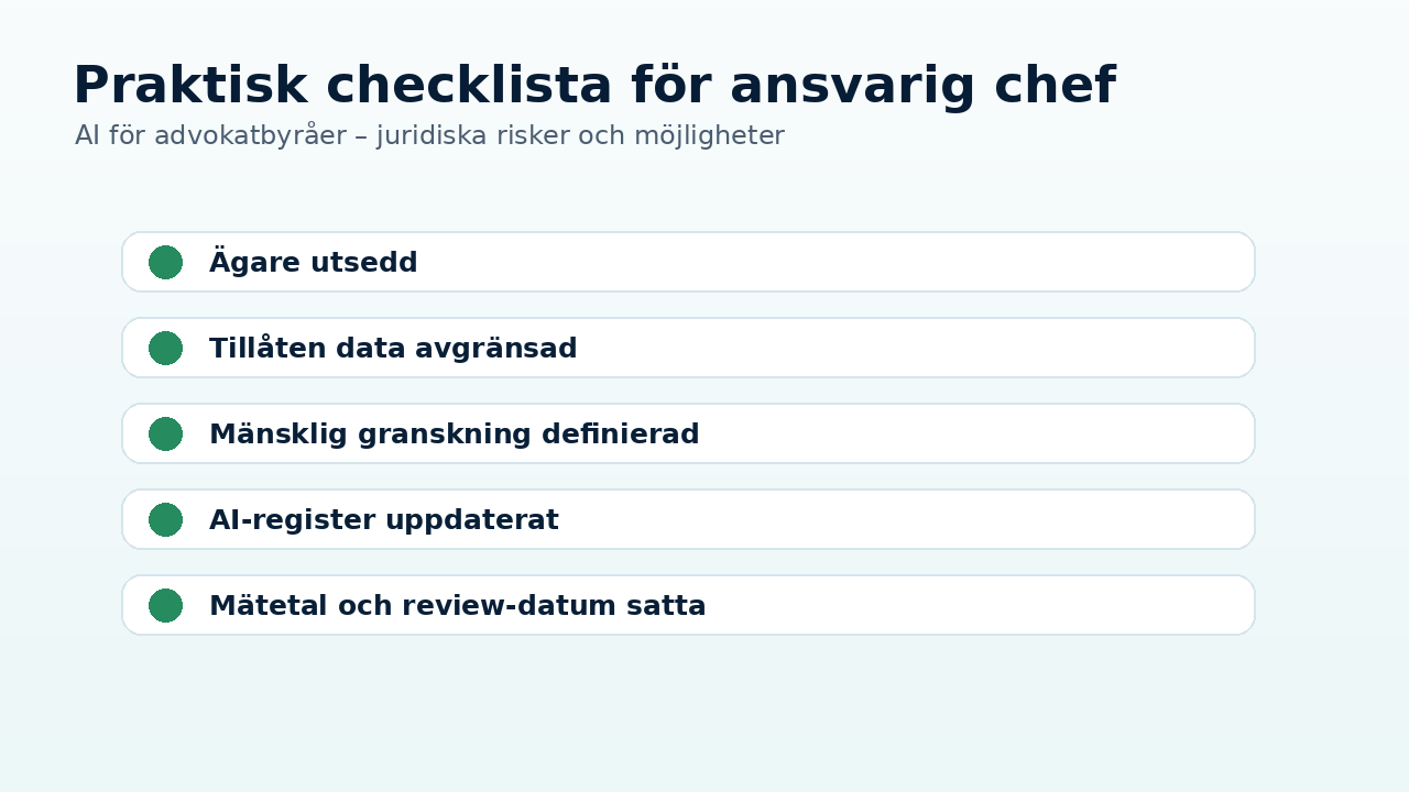 Grafik till artikeln om AI för advokatbyråer – juridiska risker och möjligheter som visar praktiskt arbetsflöde, risk och kontroll.