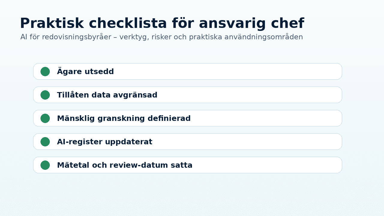 Grafik till artikeln om AI för redovisningsbyråer – verktyg, risker och praktiska användningsområden som visar praktiskt arbetsflöde, risk och kontroll.