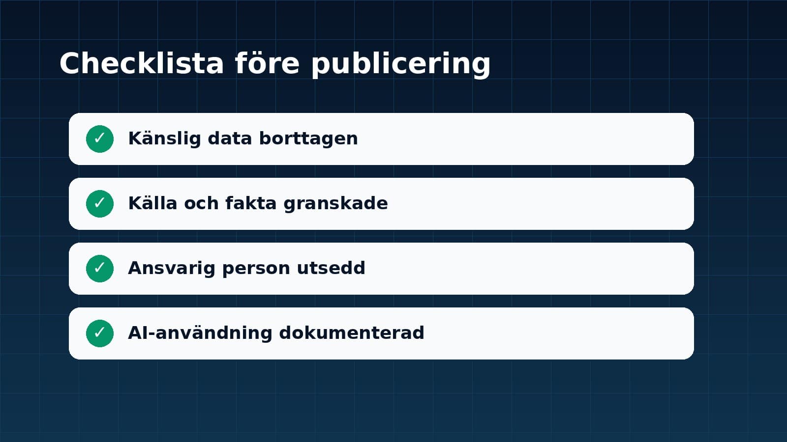 Checklista för Så skapar du en AI-frågebank för utbildning med kontroller före publicering eller beslut.