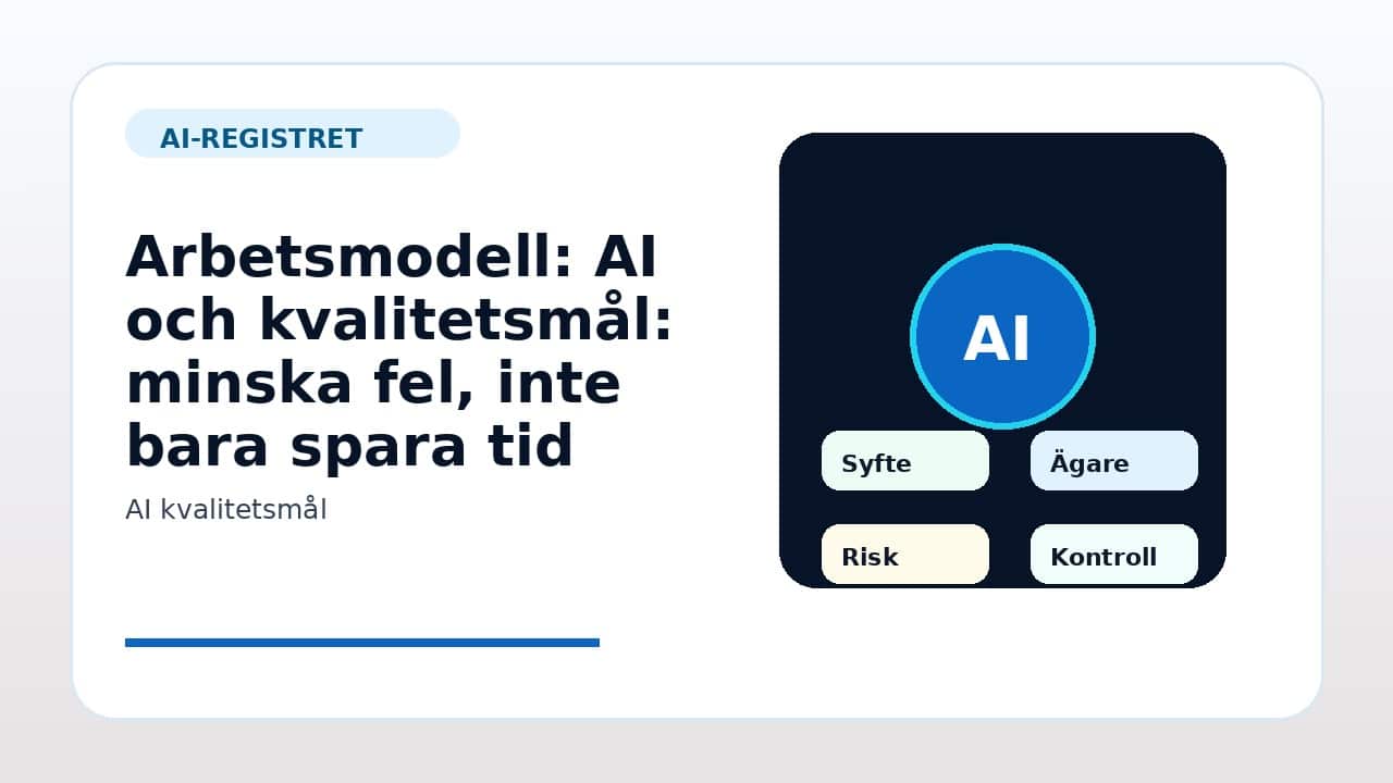 Grafik som visar arbetsmodell för AI och kvalitetsmål: minska fel, inte bara spara tid i svenska företag.