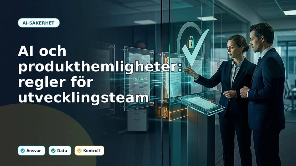Fotoillustration till artikeln AI och produkthemligheter: regler för utvecklingsteam, med AI-stöd, ansvar och kontroll i ett svenskt företag.
