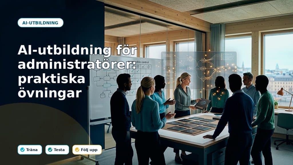 Fotoillustration till artikeln AI-utbildning för administratörer: praktiska övningar, med AI-stöd, ansvar och kontroll i ett svenskt företag.