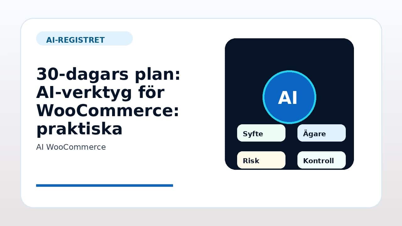 Grafik som visar 30-dagars plan för AI-verktyg för WooCommerce: praktiska användningsområden i svenska företag.