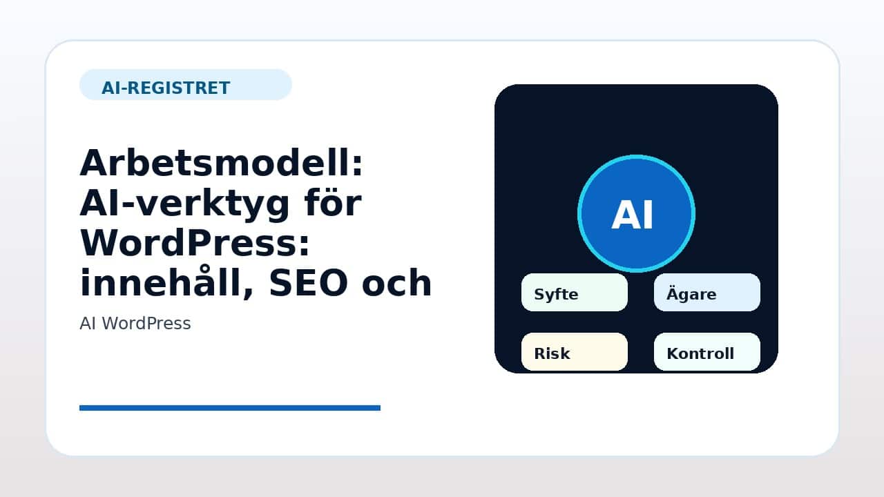 Grafik som visar arbetsmodell för AI-verktyg för WordPress: innehåll, SEO och säkerhet i svenska företag.