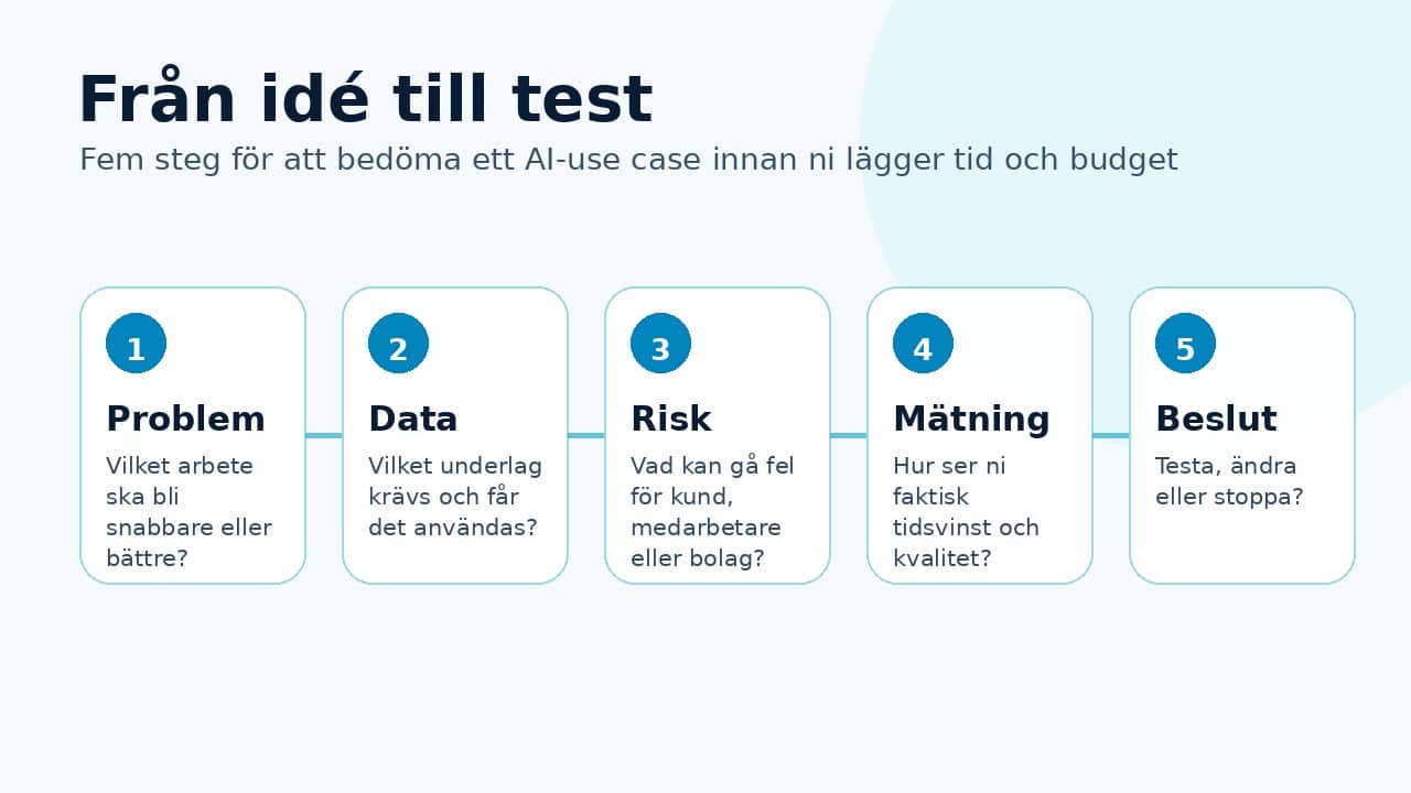 Grafik som visar arbetsflöde i fem steg från idé till beslutat AI-test.