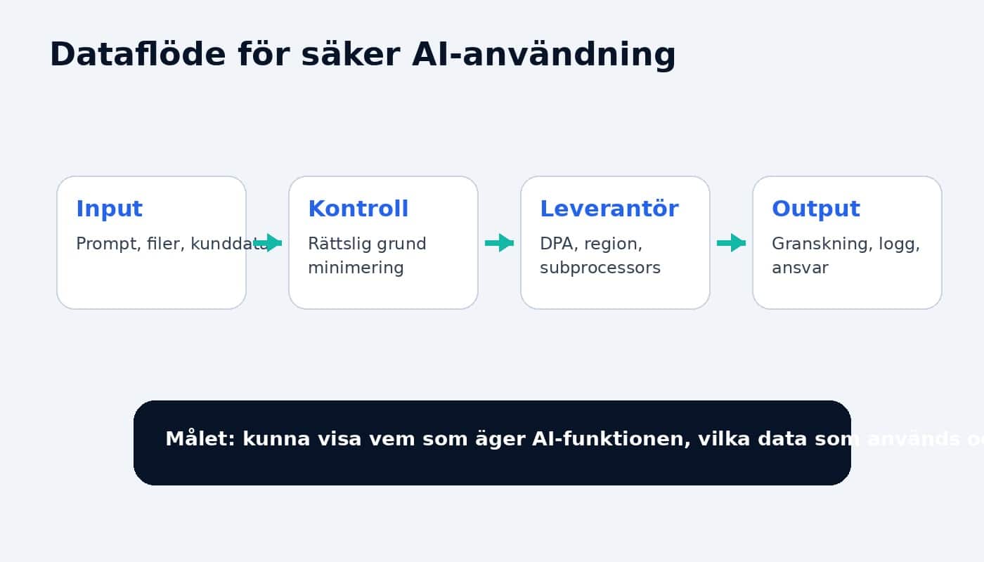 Grafik som visar dataflöde för säker AI-användning med input, kontroll, leverantör och output.