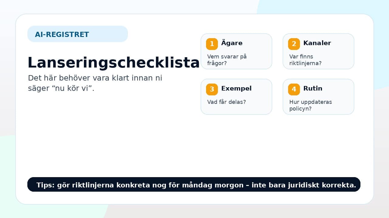 Grafik som visar checklista för intern lansering av AI-riktlinjer i svenska företag.