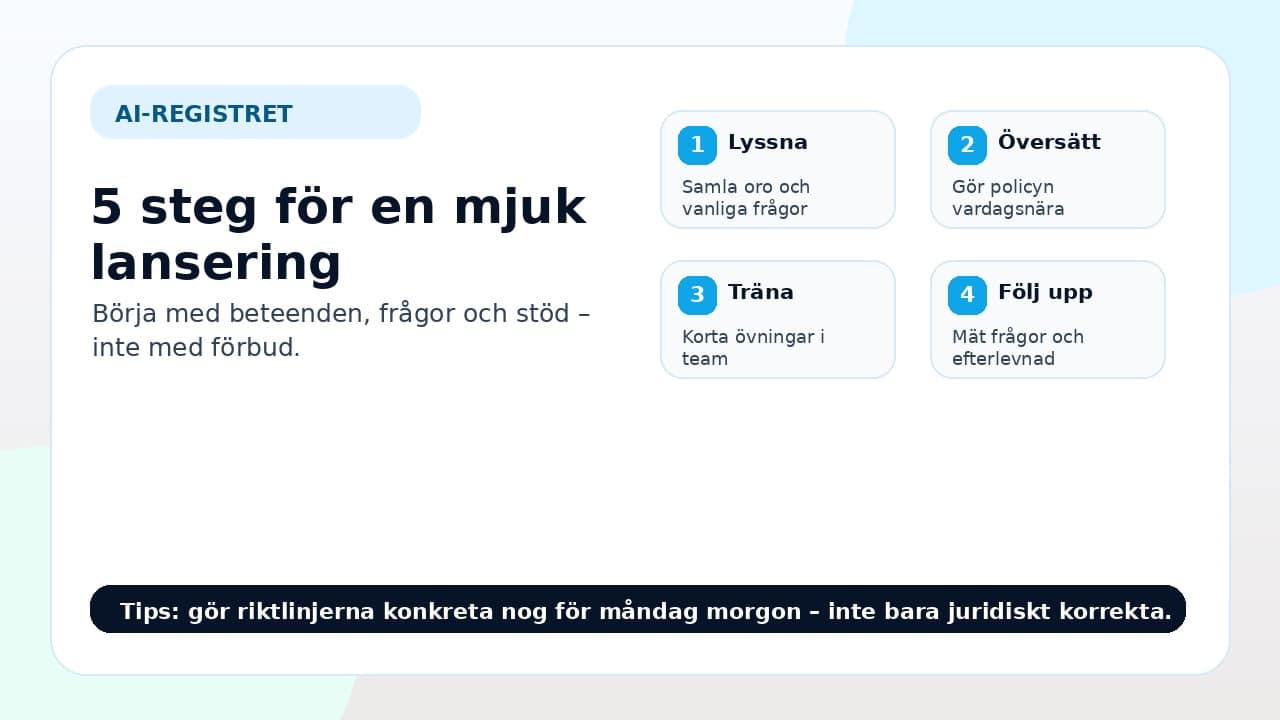 Grafik som visar fem steg för att lansera AI-riktlinjer internt utan motstånd.