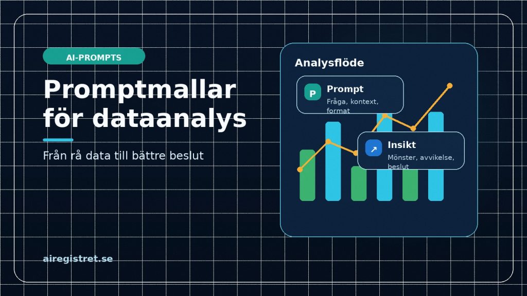 Illustration till artikeln om promptmallar för dataanalys i ChatGPT och Claude, med analysdashboard och promptkort.