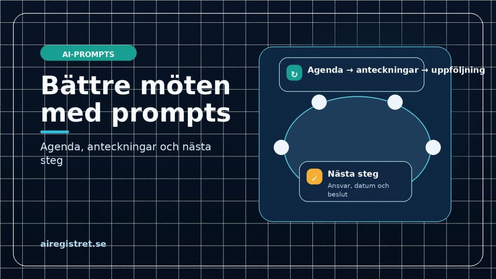 Illustration till artikeln om promptmallar för möten, med agenda, mötesanteckningar och uppföljning.