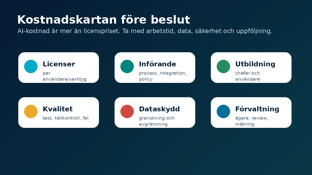 Grafik som visar kostnadskartan för AI-investeringar med licenser, införande, utbildning, dataskydd och förvaltning.