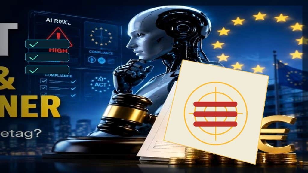 Illustration till artikeln om sanktioner och böter enligt AI Act, med juridisk beslutsscen, EU-ljus och diskreta kontrollmarkörer utan rubriktext.