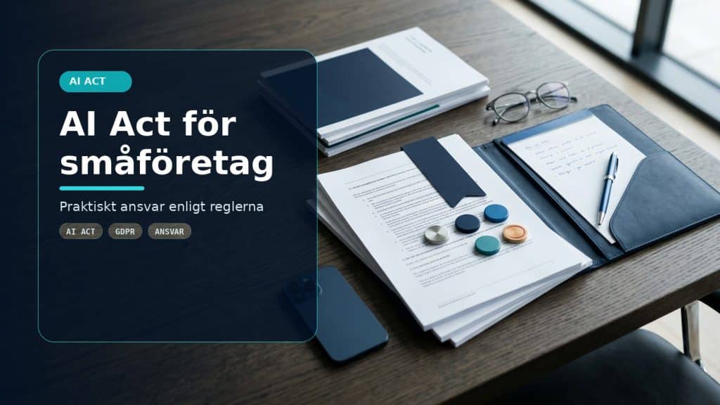 Illustration till artikeln AI Act för småföretag – vilka regler gäller verkligen?, med ett AI-registret-motiv för ai act, kontroll och praktisk användning.