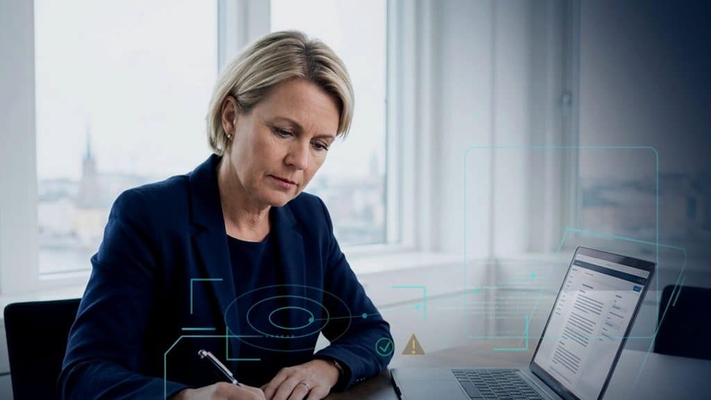 Illustration till artikeln om AI för advokatbyråer, med jurist vid dokumentgranskning och subtila kontrollmarkörer.