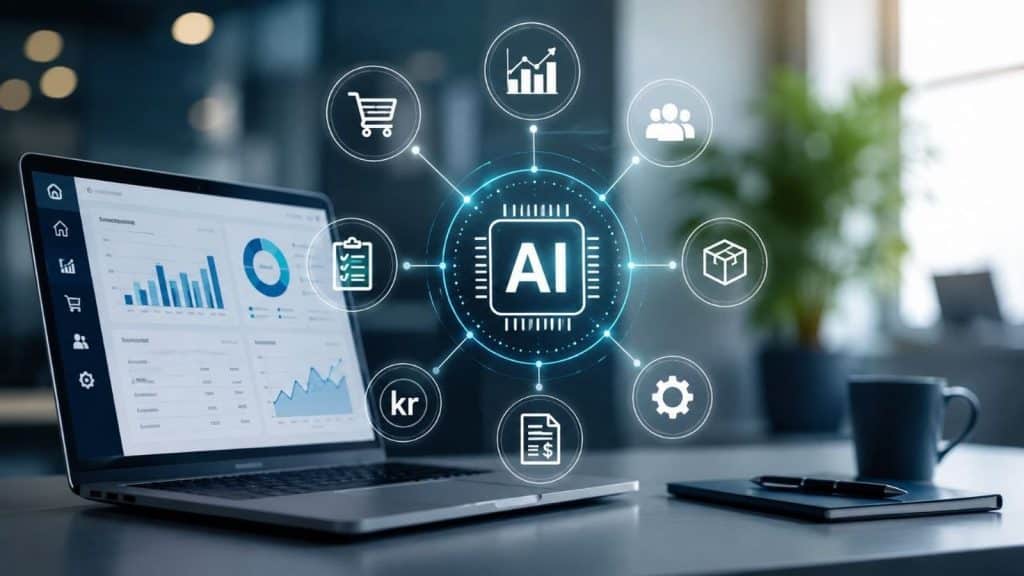 Illustration till artikeln om AI i affärssystem, med affärsdashboard, AI-nod och ikoner för ekonomi, kunder, lager och processer.