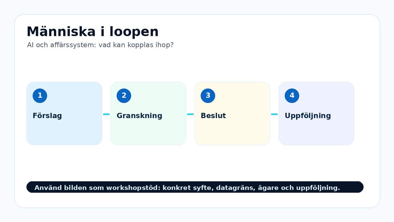Grafik som visar människa i loopen för AI och affärssystem: vad kan kopplas ihop?.