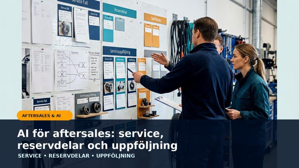 Illustration till artikeln AI för aftersales: service, reservdelar och uppföljning, med aftersales team reviewing service cases, spare-parts notes and follow-up actions on a workshop wall.