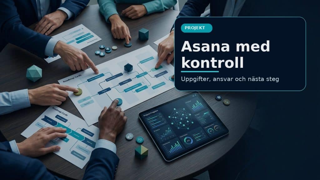 Illustration till artikeln om AI-verktyg för Asana, med projektöversikt, ansvarskort och prioriterade milstolpar.