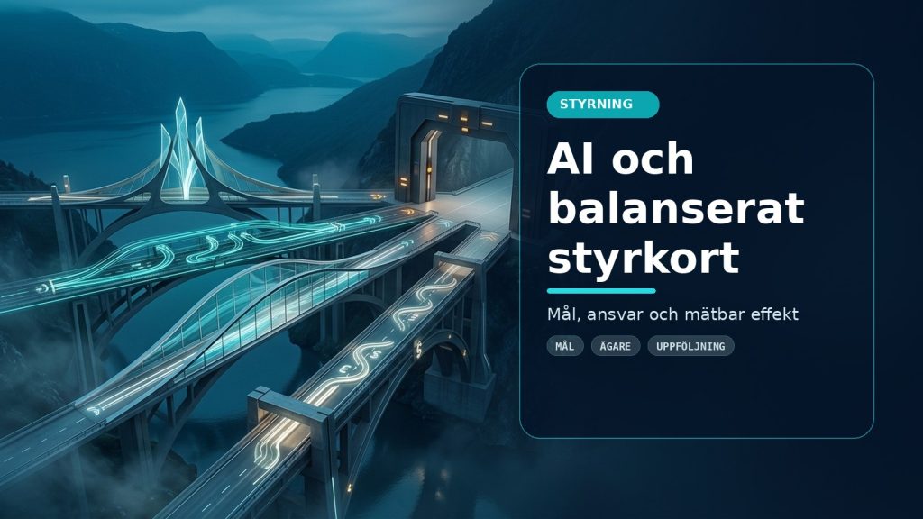 Illustration till artikeln AI och balanserat styrkort: mätning utan fluff, med ett AI-registret-motiv för styrning, kontroll och praktisk användning.
