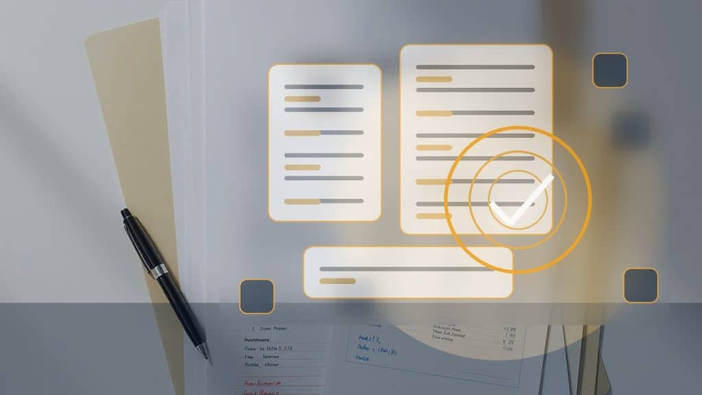 Fotoillustration till artikeln om AI för complianceansvariga, med abstrakta revisionsunderlag, kontrollsigill och utan läsbar bildtext.