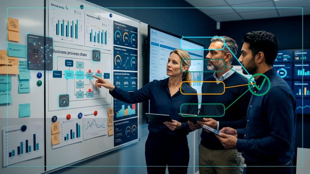 Illustration till artikeln AI för COO och operativ ledning, med COO and operations team reviewing process bottlenecks, service levels and automation candidates on a Swedish operations wall with subtle AI control markers.