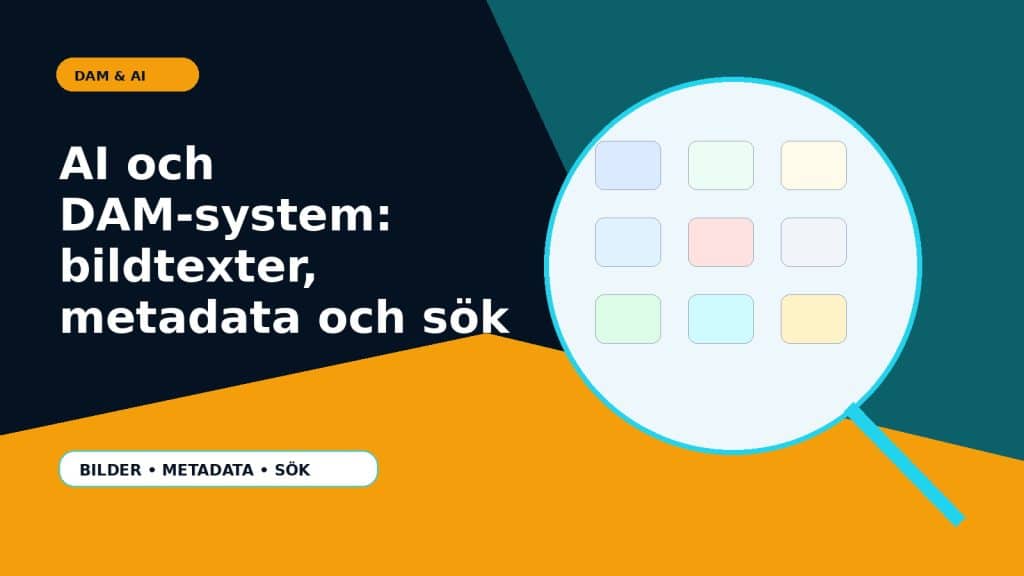 Illustration till artikeln AI och DAM-system: bildtexter, metadata och sök, med digital asset library review with image thumbnails, metadata fields and human approval markers.