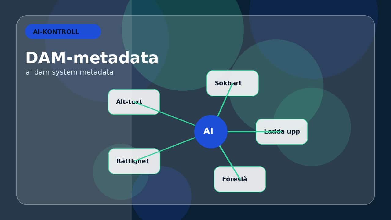 Grafik som visar dam-flöde med ai och kontroll för AI och DAM-system: bildtexter, metadata och sök.