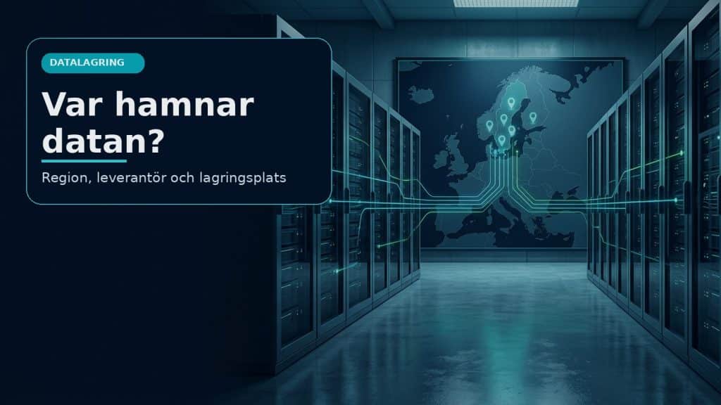 Illustration till artikeln om AI och datalagring, med servervalv, platskarta och säkra dataflöden.