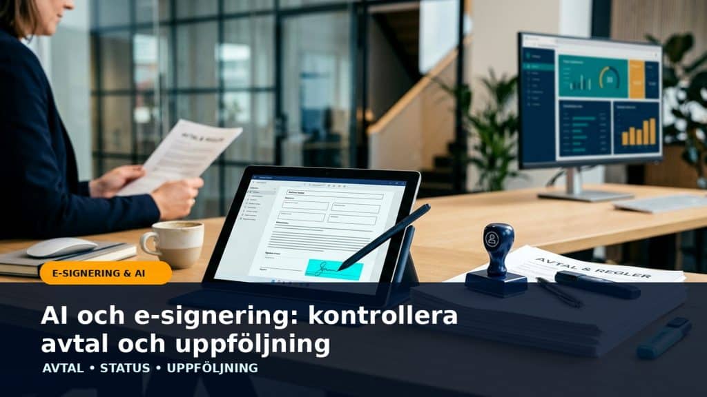 Illustration till artikeln AI och e-signering: kontrollera avtal och uppföljning, med contract signing desk with e-signature tablet, agreement stack and human review marker.