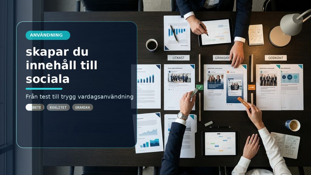 Illustration till artikeln Så skapar du innehåll till sociala medier med AI, med ett AI-registret-motiv för användning, kontroll och praktisk användning.