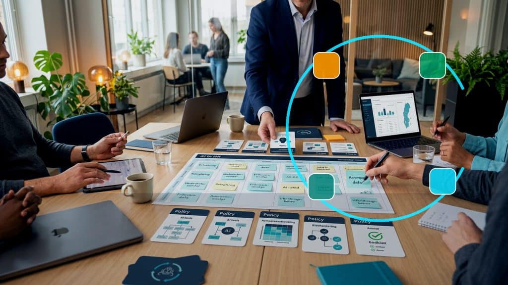 Illustration till artikeln AI för HR-chefer: policy, utbildning och risk, med HR AI competence and policy workshop with training cards and manager discussion.