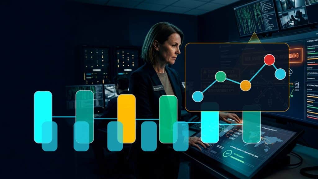 Illustration till artikeln AI för IT-chefer: kontroll, säkerhet och stöd till verksamheten, med IT manager reviewing access, integrations and shadow-AI risk in operations room.