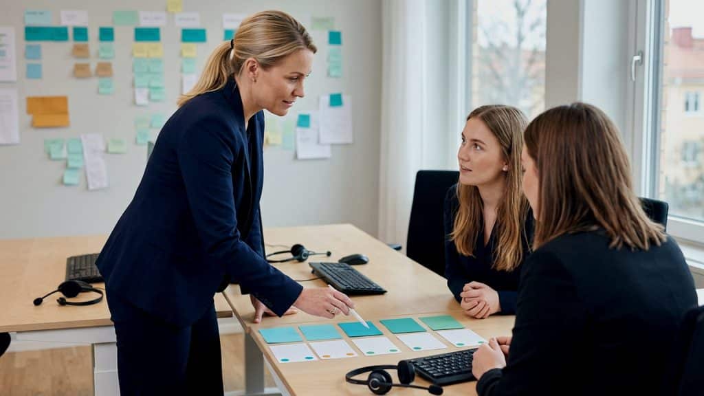 Illustration till artikeln AI för kundservicechefer: kvalitet, köer och kunskapsbas, med customer service leader coaching agents with blank support cards and headset workflow, no readable text.