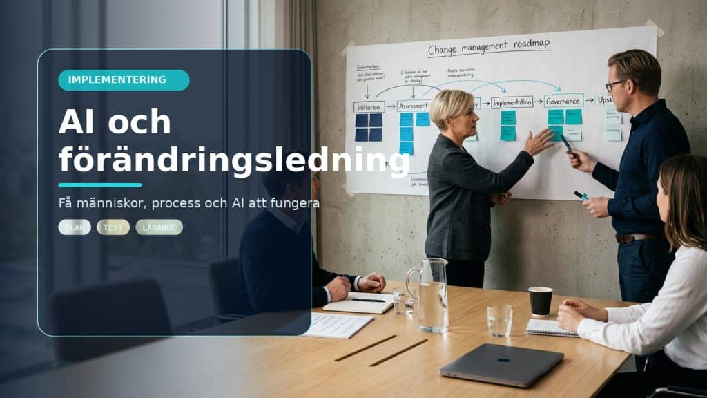Illustration till artikeln AI och förändringsledning – guide för chefer, med ett AI-registret-motiv för implementering, kontroll och praktisk användning.