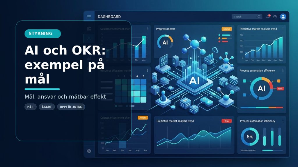 Illustration till artikeln AI och OKR: exempel på mål för företag, med ett AI-registret-motiv för styrning, kontroll och praktisk användning.