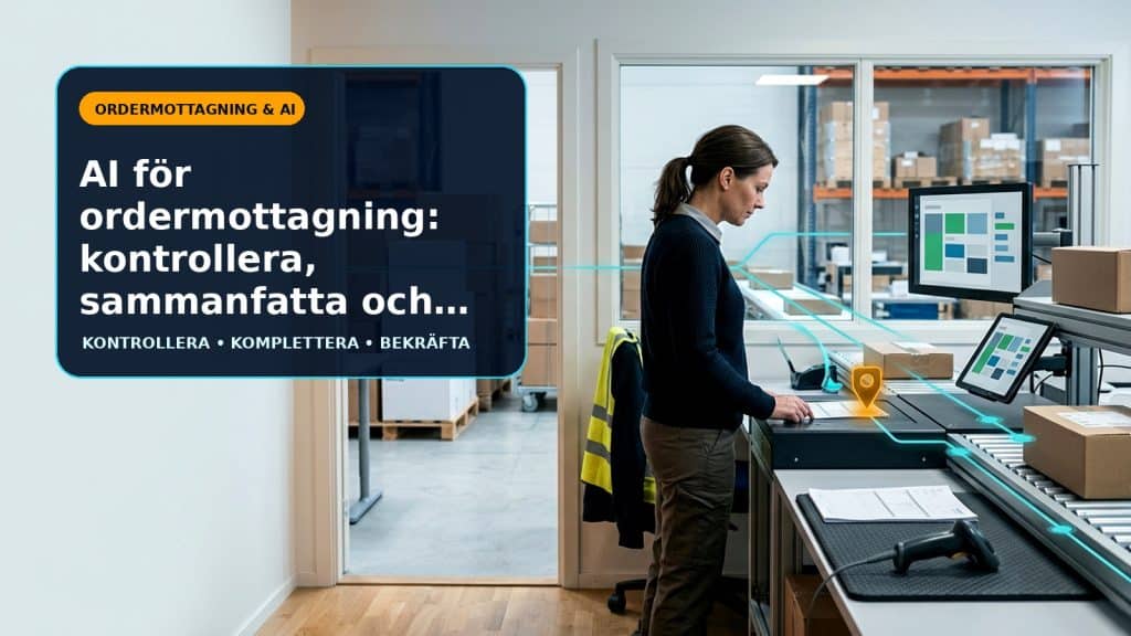 Illustration till artikeln AI för ordermottagning: kontrollera, sammanfatta och svara, med warehouse office order validation with shipping boxes, abstract tablet blocks and human exception review.