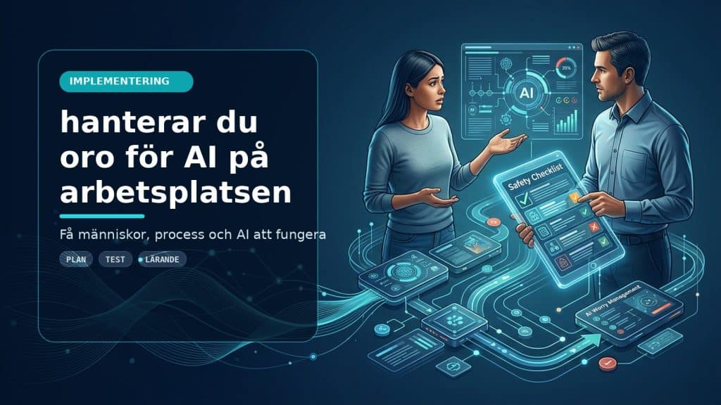 Illustration till artikeln Så hanterar du oro för AI på arbetsplatsen, med ett AI-registret-motiv för implementering, kontroll och praktisk användning.