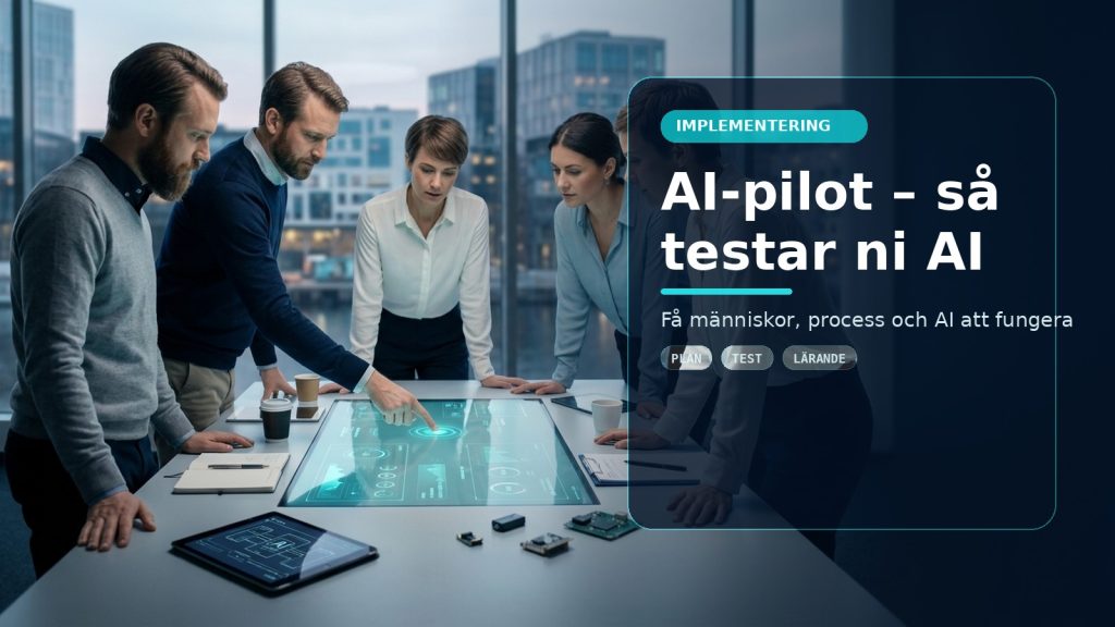 Illustration till artikeln AI-pilot – så testar ni AI utan att riskera er verksamhet, med ett AI-registret-motiv för implementering, kontroll och praktisk användning.