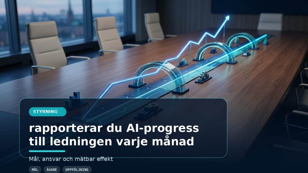Illustration till artikeln Så rapporterar du AI-progress till ledningen varje månad, med ett AI-registret-motiv för styrning, kontroll och praktisk användning.