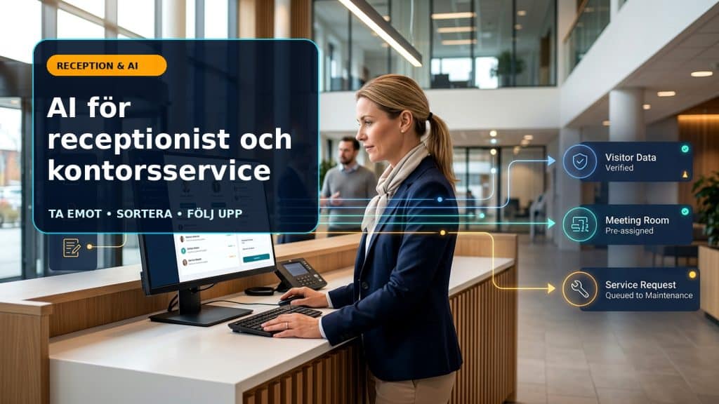 Illustration till artikeln AI för receptionist och kontorsservice, med reception desk where a human reviews visitor calls, messages and service requests before AI routes them.