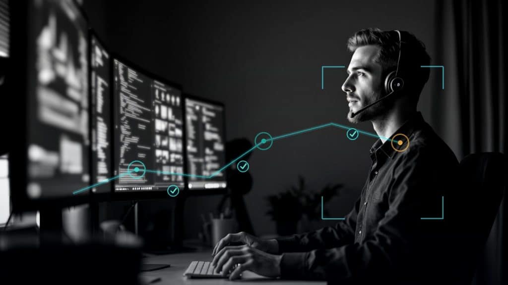 Fotoillustration till artikeln om AI för SaaS-bolag, med en supportmedarbetare, systemskärmar och subtila kontrollmarkörer för dokumentation och onboarding.