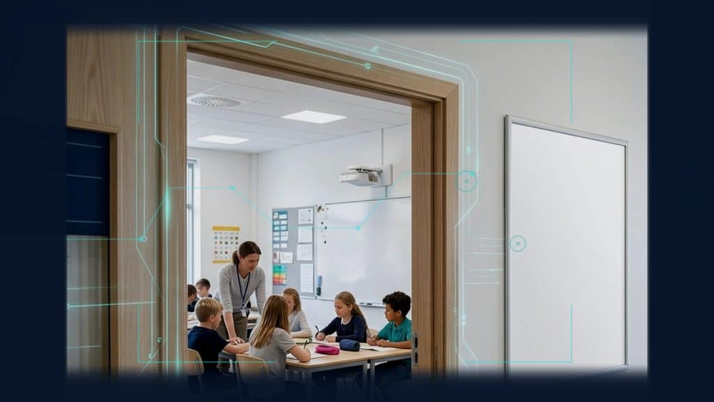 Fotoillustration till artikeln om AI för skolor, med klassrum, policykontroll och subtil digital säkerhetsmarkering utan text i bilden.