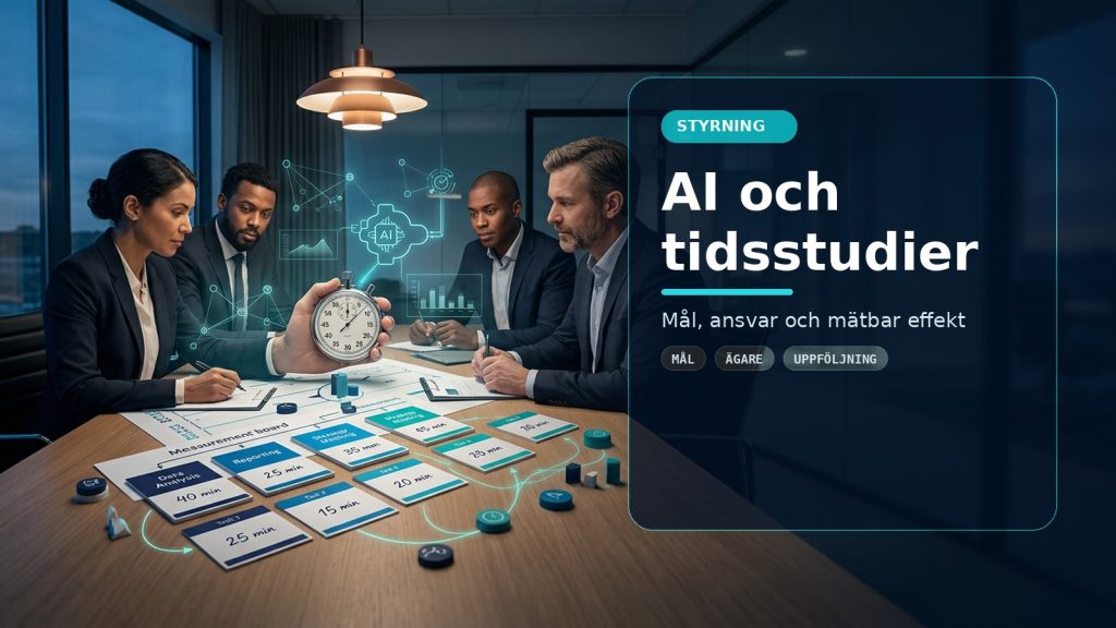 Illustration till artikeln AI och tidsstudier: hitta var timmarna försvinner, med ett AI-registret-motiv för styrning, kontroll och praktisk användning.