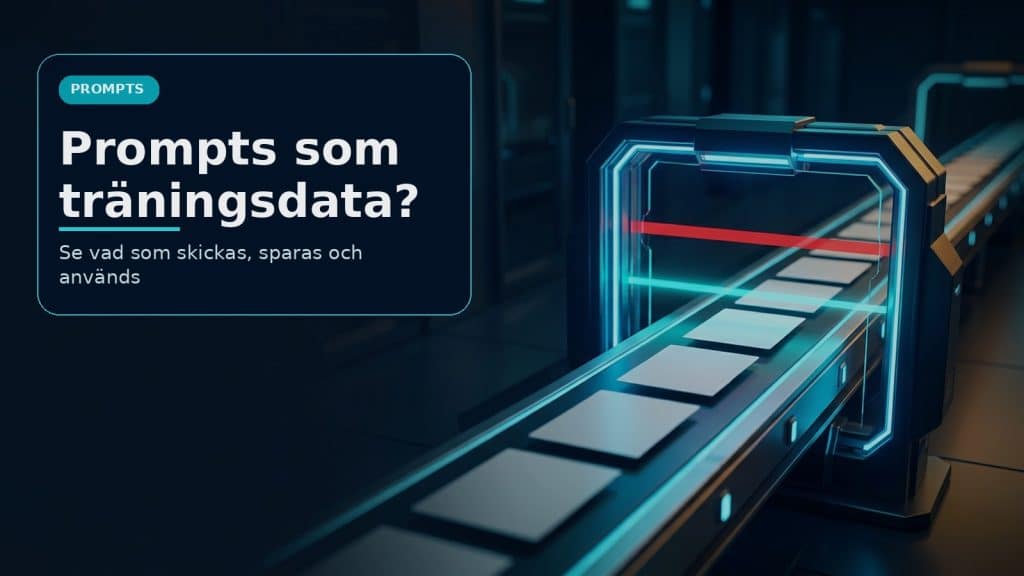 Illustration till artikeln om prompts och träningsdata, med datarör, kontrollbarriär och riskmarkörer.
