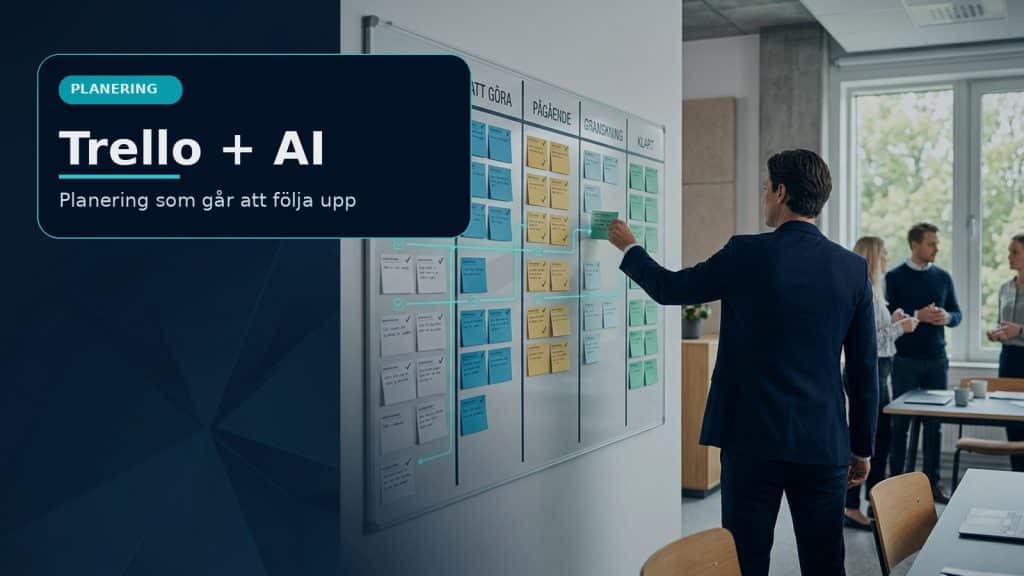 Illustration till artikeln om AI-verktyg för Trello, med kanbantavla, checklistor och tydliga kontrollsteg.