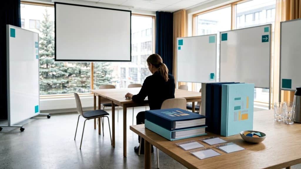 Illustration till artikeln AI för utbildningsföretag: kursmaterial och deltagarstöd, med ljus utbildningsmiljö och kvalitetssäkring av kursmaterial.