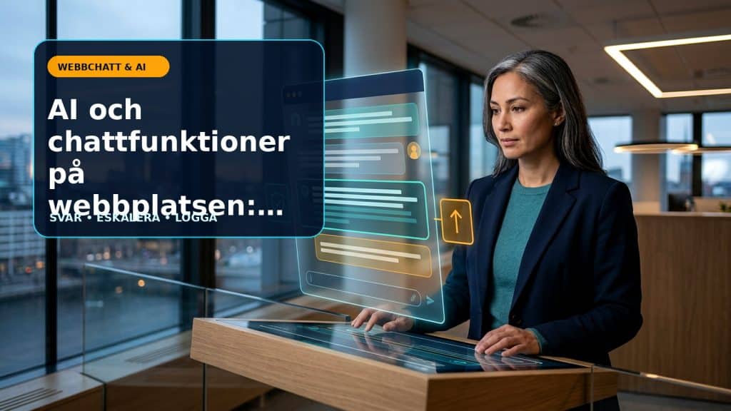 Illustration till artikeln AI och chattfunktioner på webbplatsen: fördelar och risker, med website chat conversation reviewed by support lead with privacy and escalation markers.