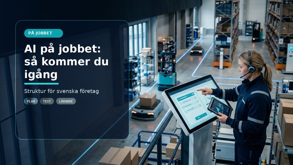 Illustration till artikeln AI på jobbet: så kommer du igång som nybörjare, med ett AI-registret-motiv för på jobbet, kontroll och praktisk användning.