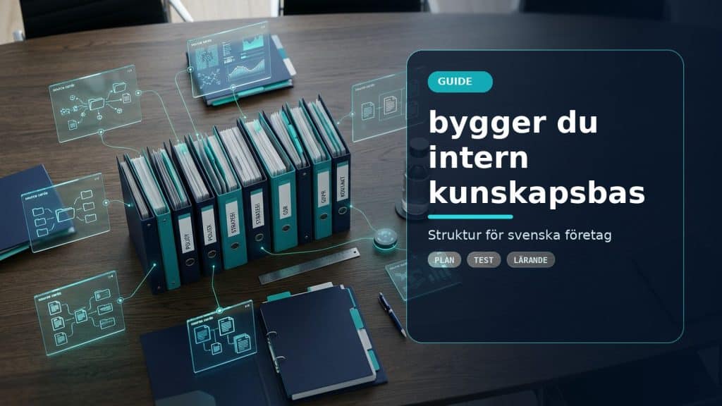 Illustration till artikeln Så bygger du intern kunskapsbas med AI och era egna dokument, med ett AI-registret-motiv för guide, kontroll och praktisk användning.